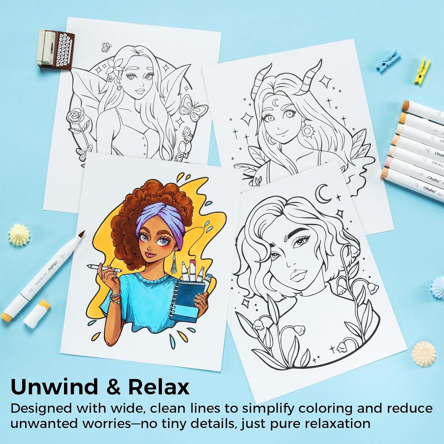 Ohuhu Colouring Book, Double-Sided, Bleedproof - Portraits of Joy