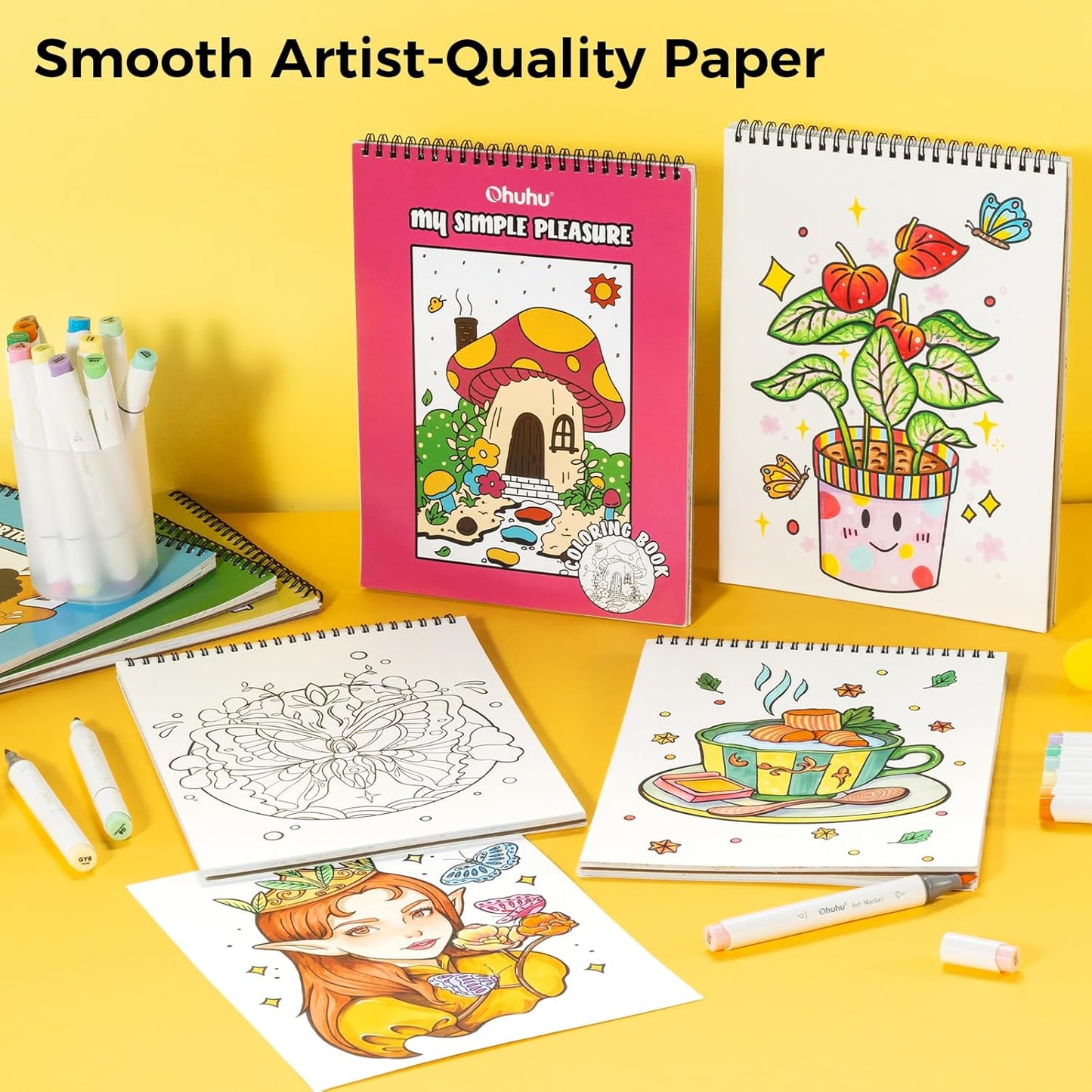 Ohuhu Colouring Books, Set of 4, Double-Sided, Bleedproof