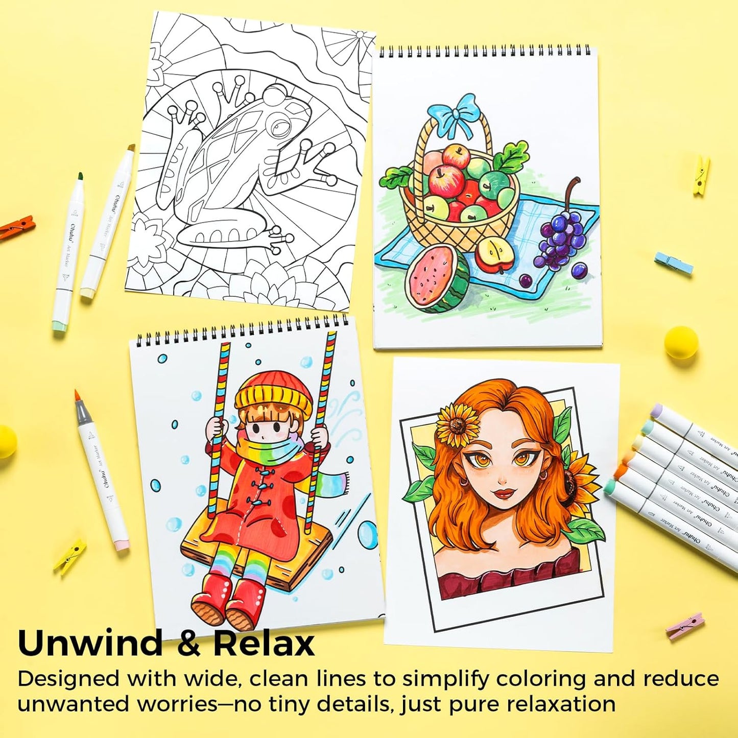 Ohuhu Colouring Books, Set of 4, Double-Sided, Bleedproof