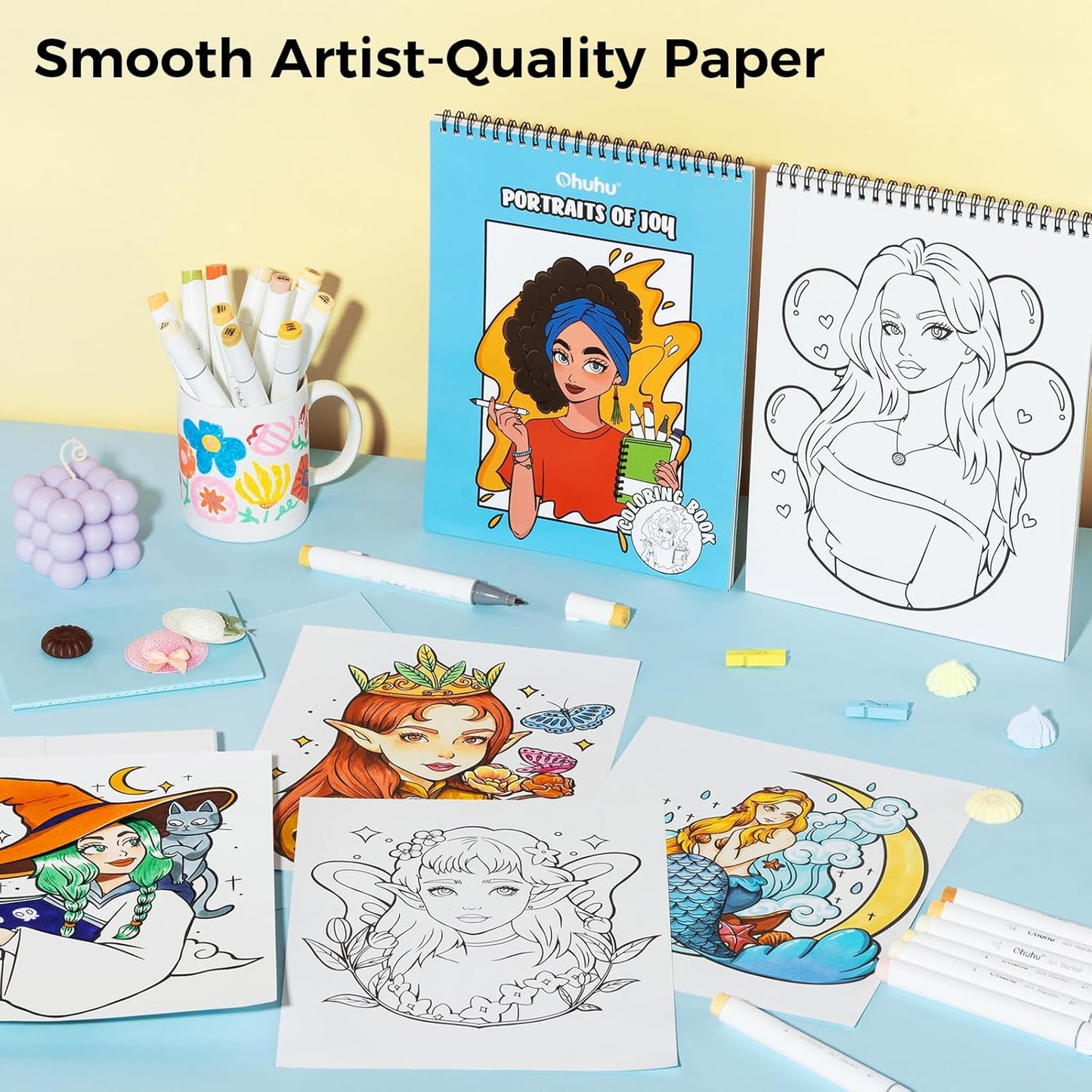 Ohuhu Colouring Book, Double-Sided, Bleedproof - Portraits of Joy