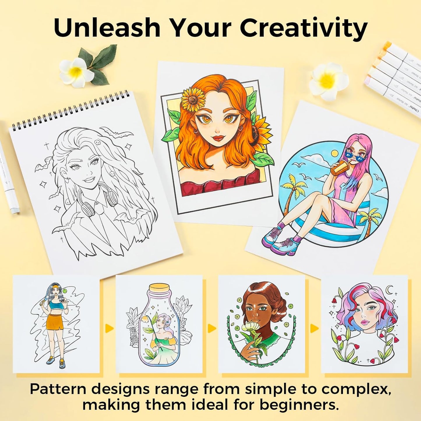 Ohuhu Colouring Book, Double-Sided, Bleedproof - Portraits of Joy