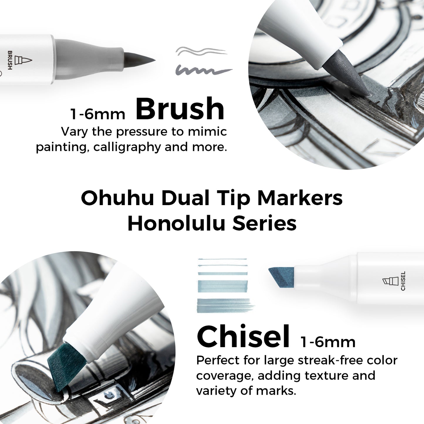 Ohuhu Honolulu 36 Grey Tone Colours Dual Tip Alcohol Markers
