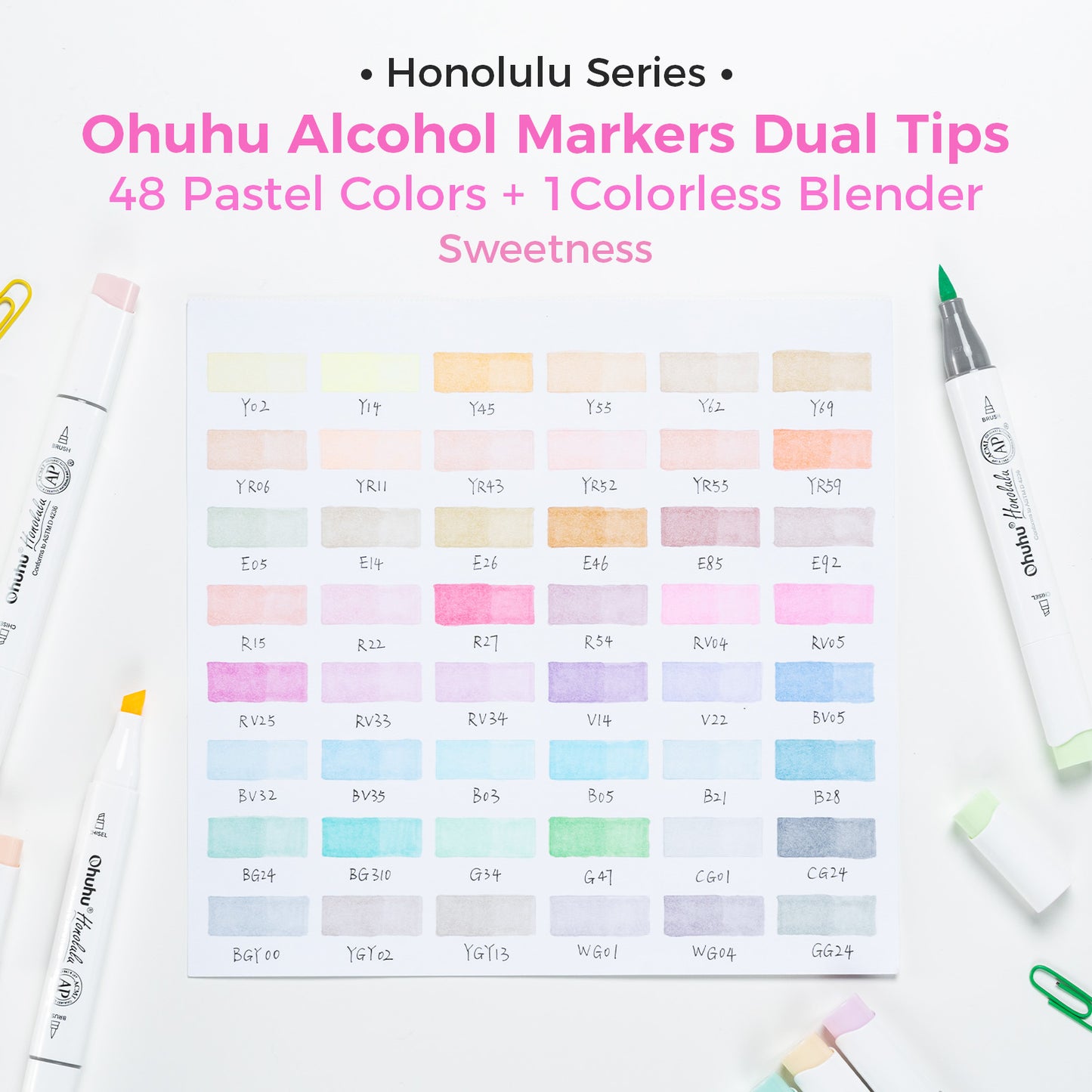 Ohuhu Honolulu "Sweetness" 48 Pastel Colours Dual Tip Alcohol Markers