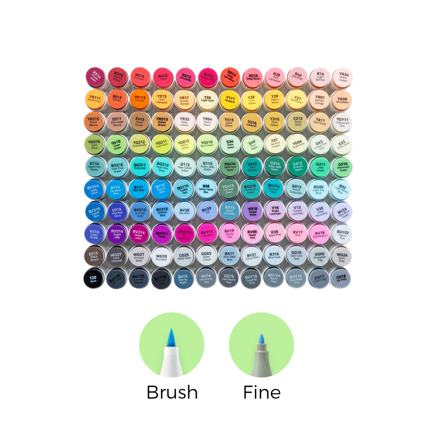 Set of colorful markers with labels for brush and fine tips on a white background
