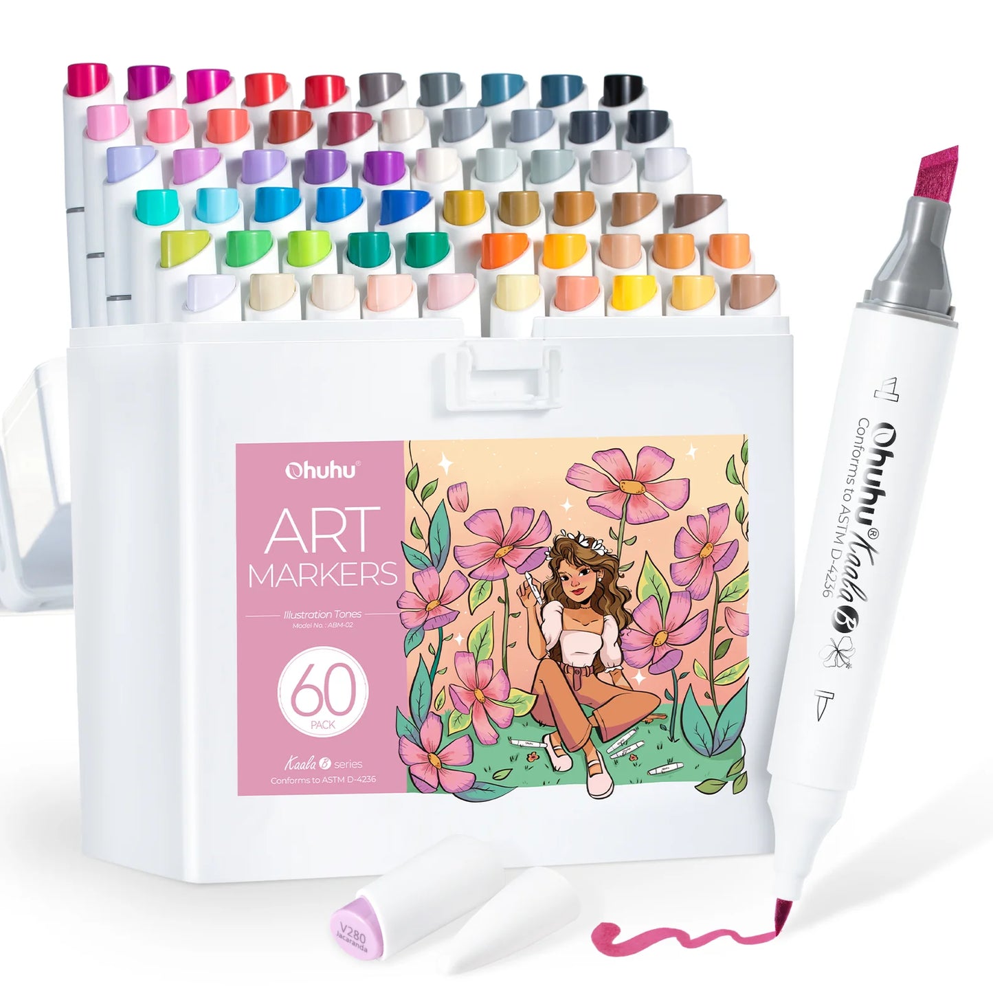 A set of Ohuhu art markers with 60 vibrant colors and a colorless blender, displayed in a white carrying case, alongside a user manual and a color swatch card.