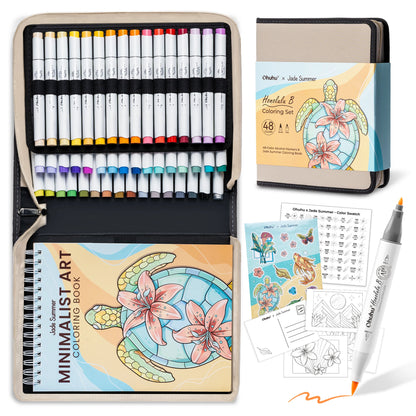 Ohuhu x Jade Summer Limited Edition Colouring Set, Honolulu B 48 Colours Alcohol Markers with Brush & Fine Dual Tips