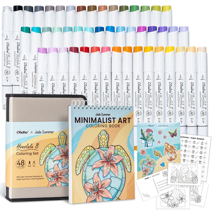 Ohuhu x Jade Summer Limited Edition Colouring Set, Honolulu B 48 Colours Alcohol Markers with Brush & Fine Dual Tips