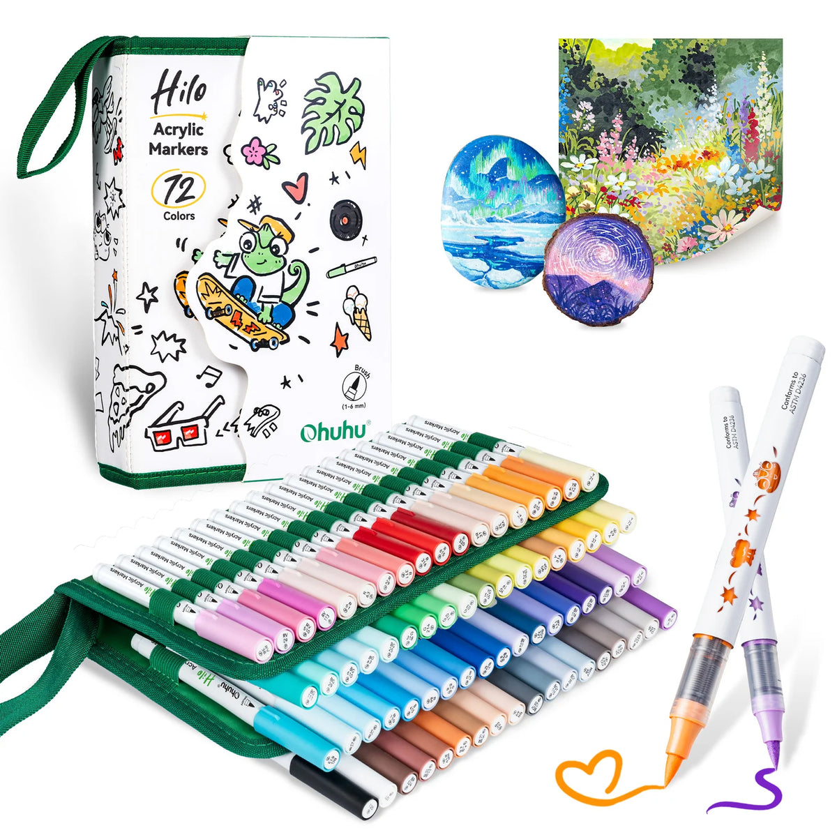 Ohuhu Hito Acrylic Markers set in a white storage box with green trim, shown with a green canvas sleeve holding multiple colored markers, two sample painted pieces, and two markers in the foreground on a white background.