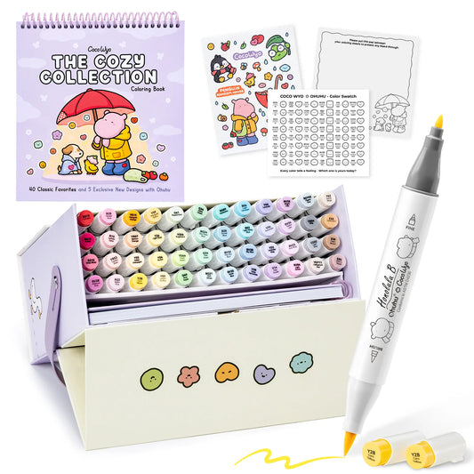 Ohuhu x Coco Wyo: Cozy Mood Colouring Kit, Honolulu B 48 Colours Alcohol Markers with Brush & Fine Dual Tips