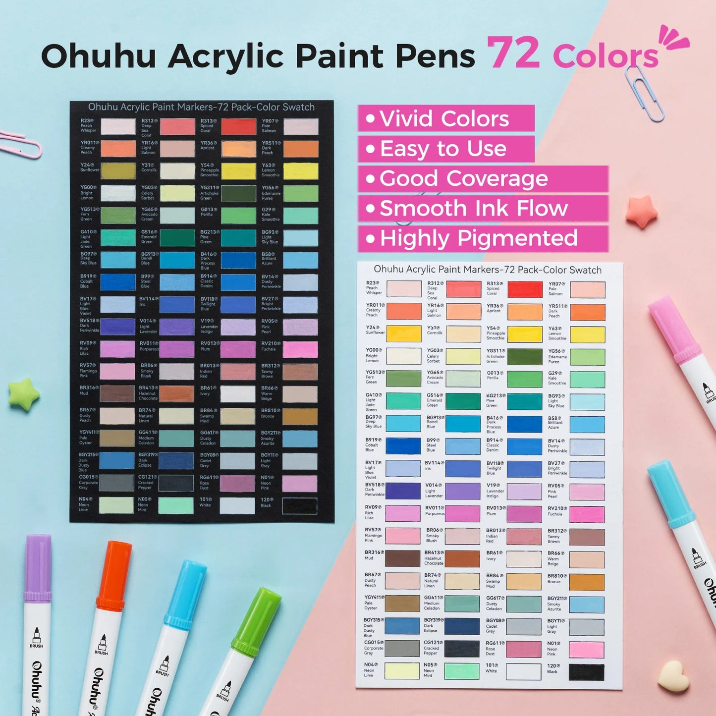 Ohuhu Akaka 72 Colours Cotton-Core Acrylic Paint Markers, Brush & Dot