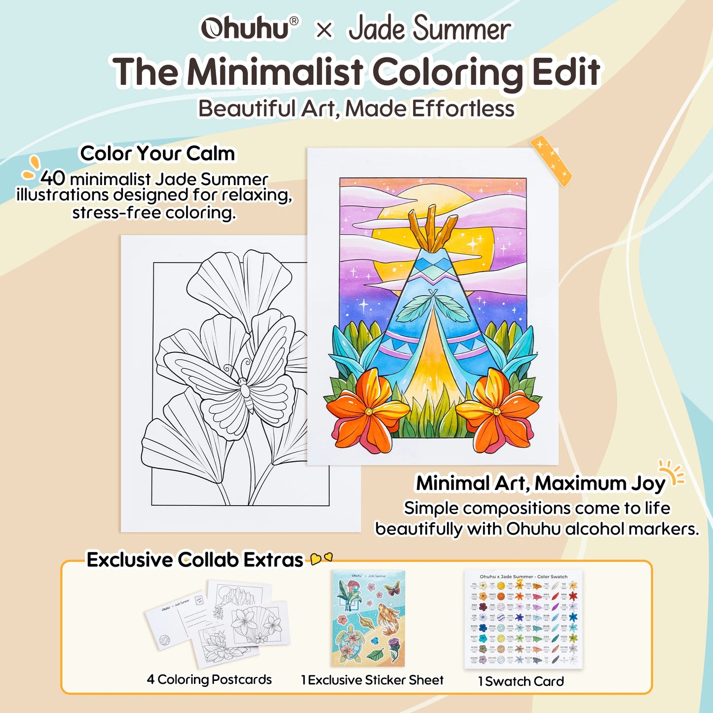 Ohuhu x Jade Summer Limited Edition Colouring Set, Honolulu B 48 Colours Alcohol Markers with Brush & Fine Dual Tips