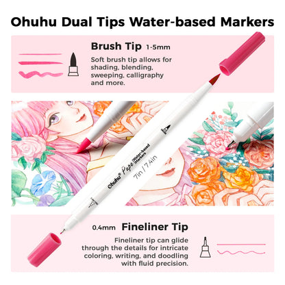 Ohuhu Pupe 120 Colours Paper-Friendly Dual Tip Water Based Art Markers