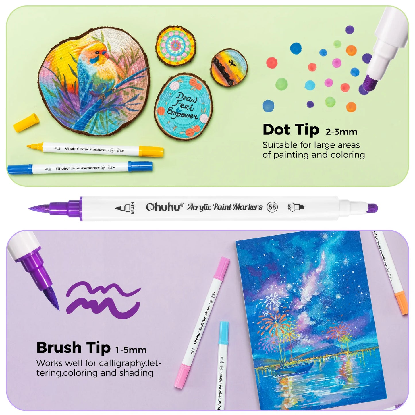 Ohuhu Akaka 72 Colours Cotton-Core Acrylic Paint Markers, Brush & Dot