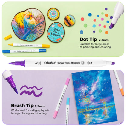 Ohuhu Akaka 72 Colours Cotton-Core Acrylic Paint Markers, Brush & Dot