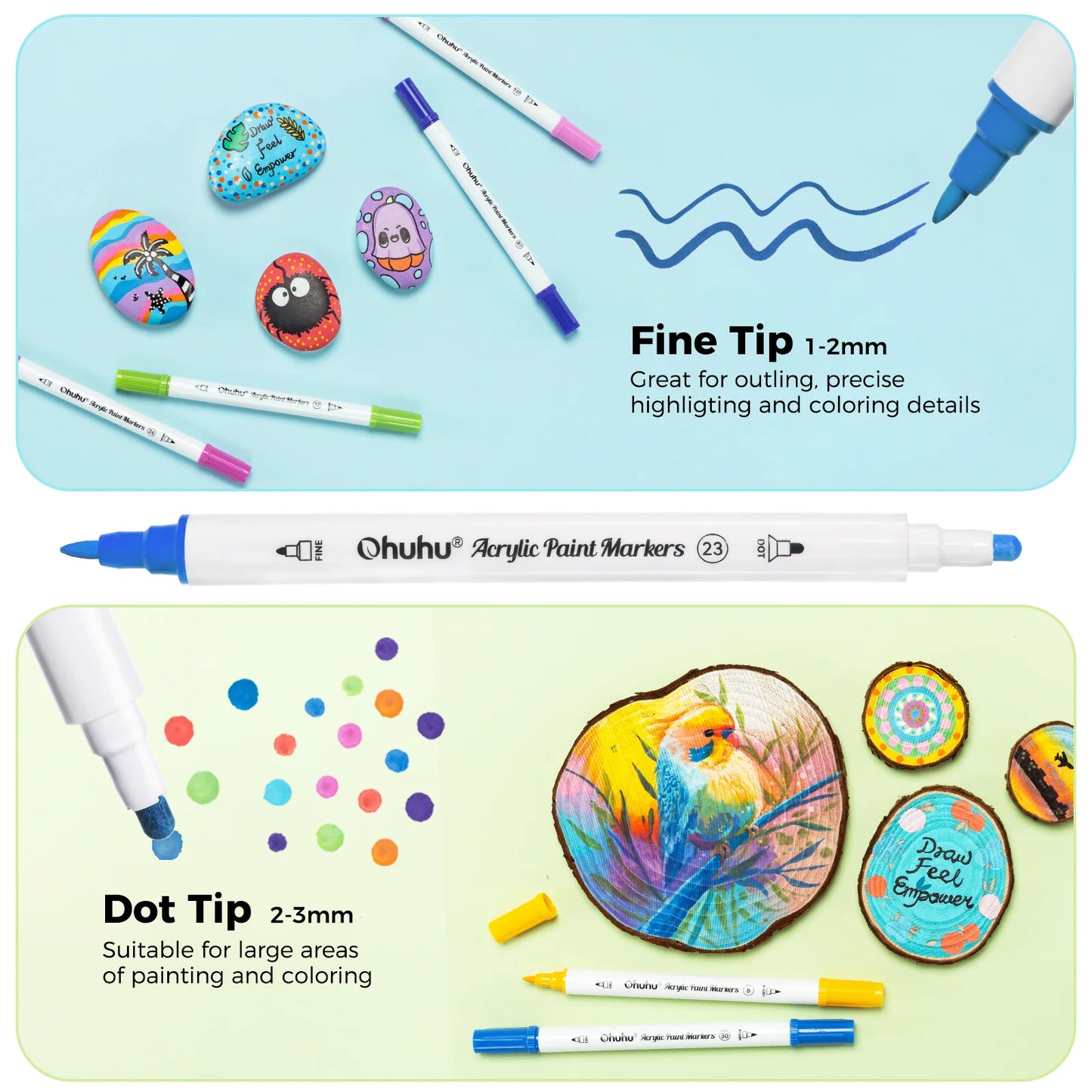 Ohuhu Akaka 72 Colours Cotton-Core Acrylic Paint Markers, Brush & Dot