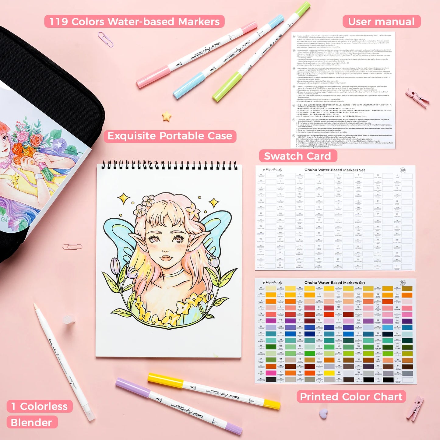 Ohuhu Pupe 120 Colours Paper-Friendly Dual Tip Water Based Art Markers