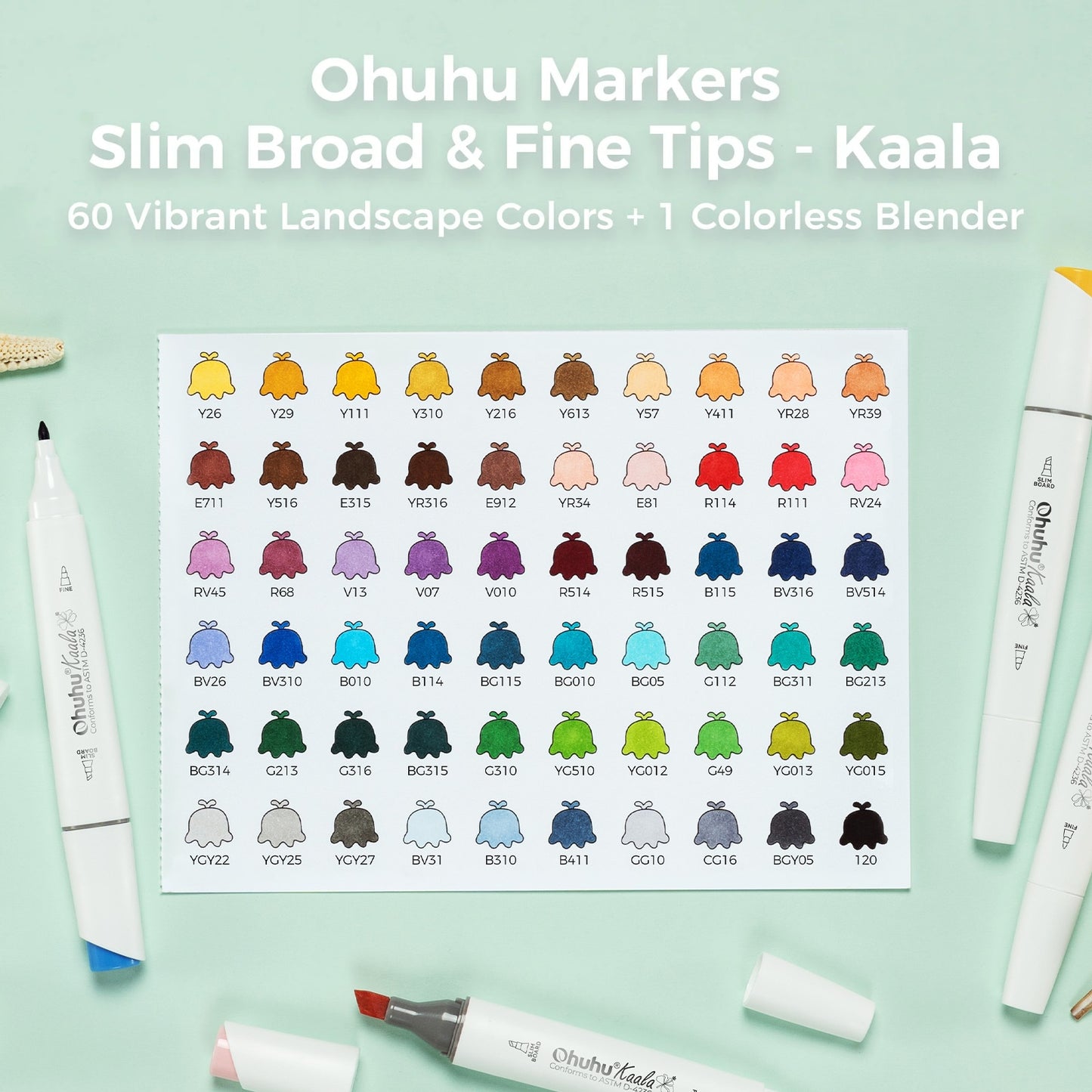 Ohuhu Kaala 60 Colours Dual Tip Alcohol Markers, Landscape Tones