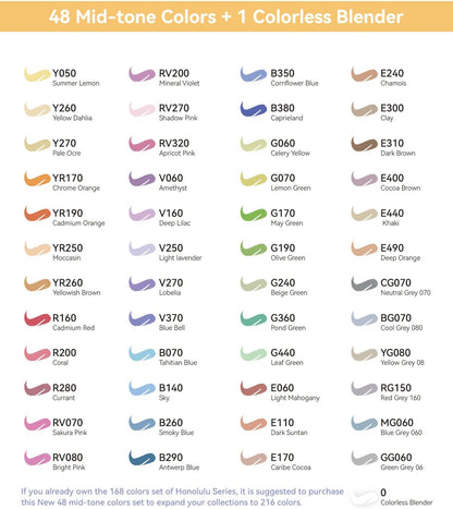Ohuhu Honolulu 48 Mid-tone Colours Dual Tip Alcohol Art Markers (New Packaging)