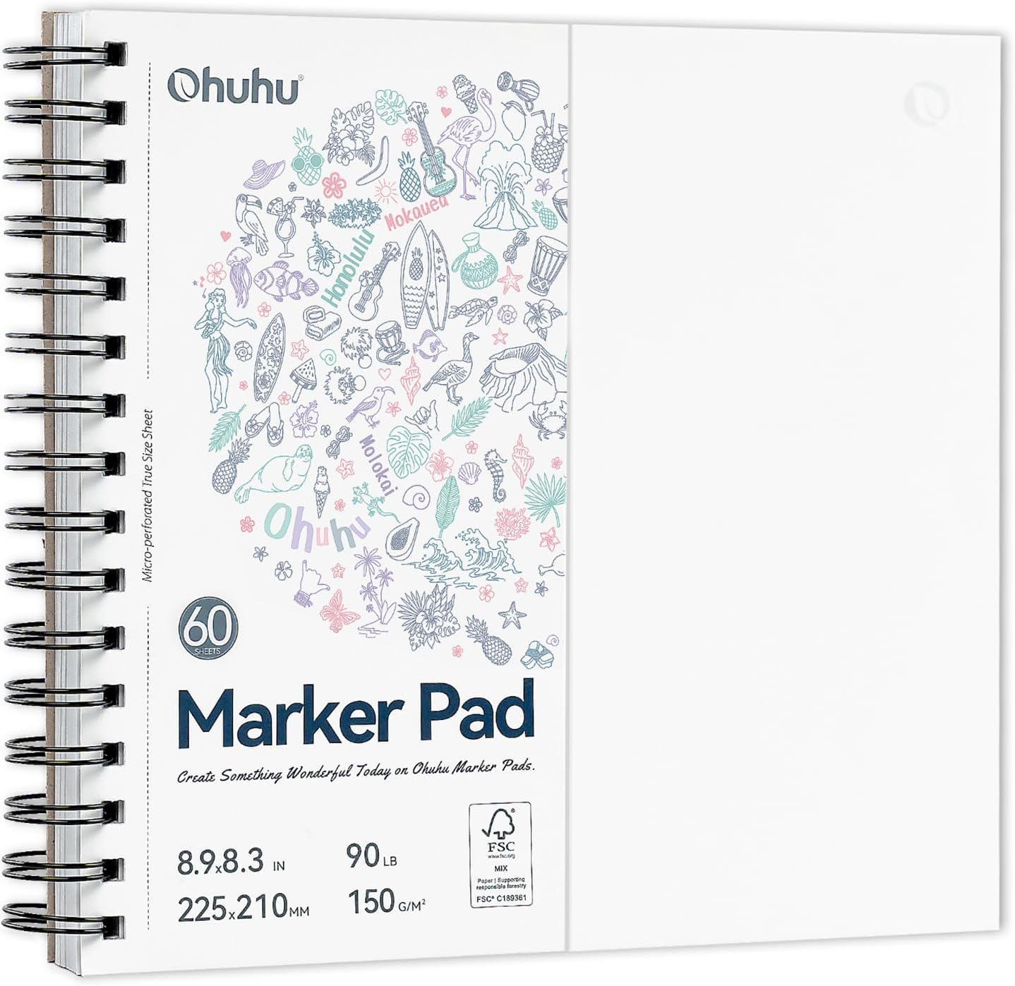 Ohuhu Spiral-Bound Bleedproof Marker Pad, 60 sheets, 225x210mm