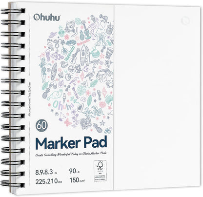 Ohuhu Spiral-Bound Bleedproof Marker Pad, 60 sheets, 225x210mm