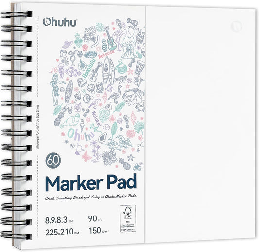 Ohuhu Spiral-Bound Bleedproof Marker Pad, 60 sheets, 225x210mm
