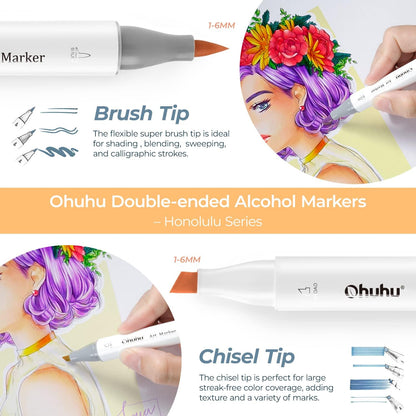Ohuhu Honolulu 48 Mid-tone Colours Dual Tip Alcohol Art Markers (New Packaging)
