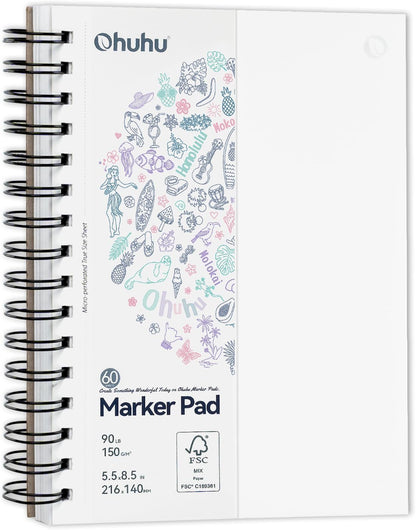 Ohuhu Spiral-Bound Bleedproof Marker Pad, 60 sheets, 216x140mm