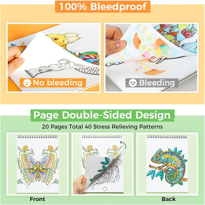 Ohuhu Colouring Book, Double-Sided, Bleedproof - Animals & Mandala