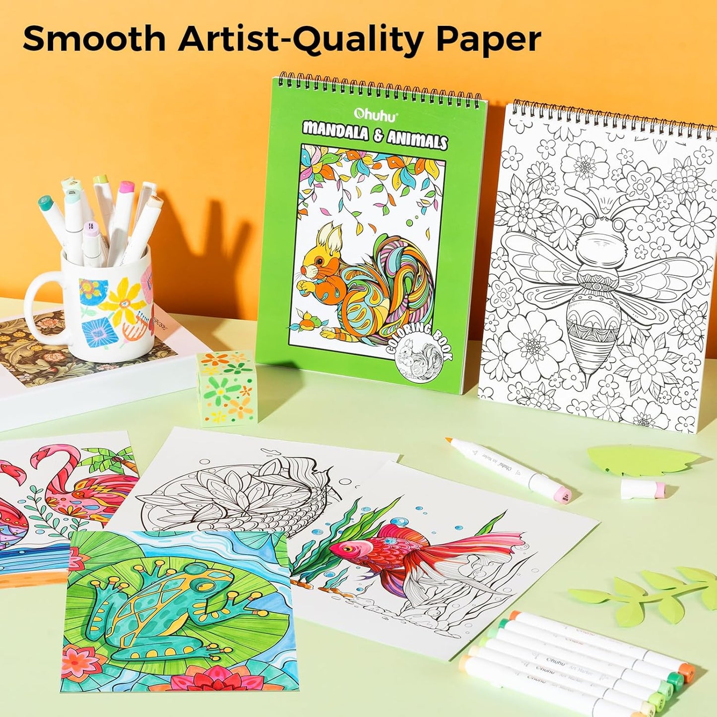 Ohuhu Colouring Book, Double-Sided, Bleedproof - Animals & Mandala