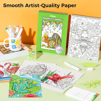 Ohuhu Colouring Book, Double-Sided, Bleedproof - Animals & Mandala