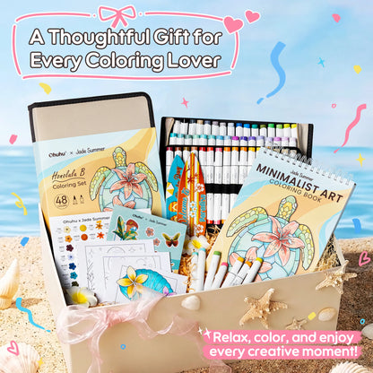 Ohuhu x Jade Summer Limited Edition Colouring Set, Honolulu B 48 Colours Alcohol Markers with Brush & Fine Dual Tips