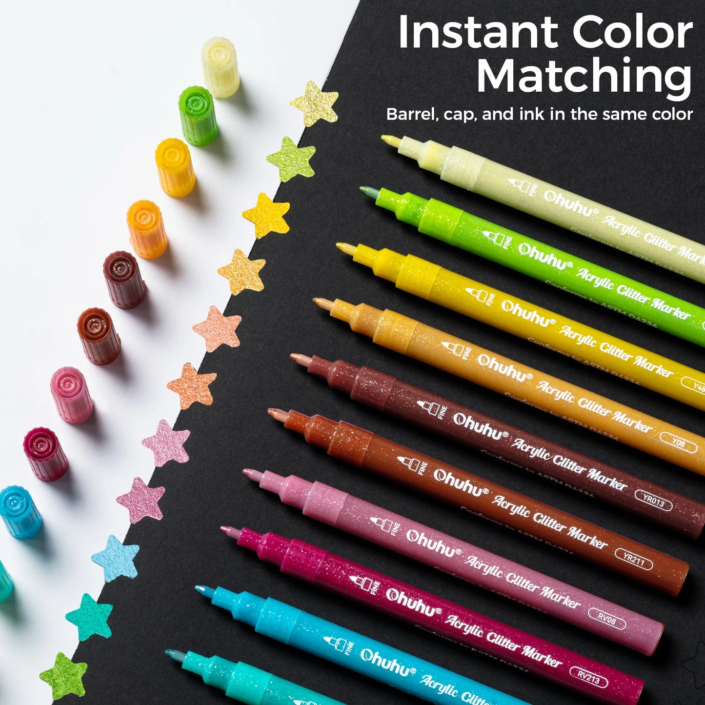 Ohuhu Acrylic Metallic Glitter Markers, 24 Colours - 0.7mm Tip Paint Pens
