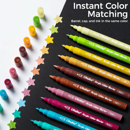 Ohuhu Acrylic Metallic Glitter Markers, 24 Colours - 0.7mm Tip Paint Pens