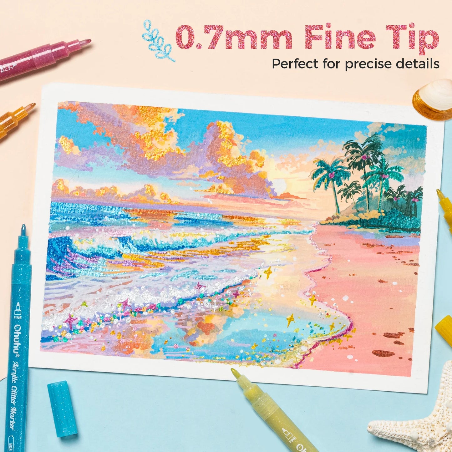 Ohuhu Acrylic Metallic Glitter Markers, 24 Colours - 0.7mm Tip Paint Pens