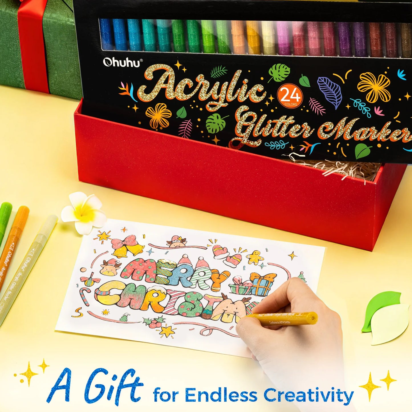 Ohuhu Acrylic Metallic Glitter Markers, 24 Colours - 0.7mm Tip Paint Pens