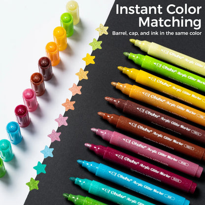 Ohuhu Acrylic Metallic Glitter Markers, 24 Colours - 3mm Tip Paint Pens