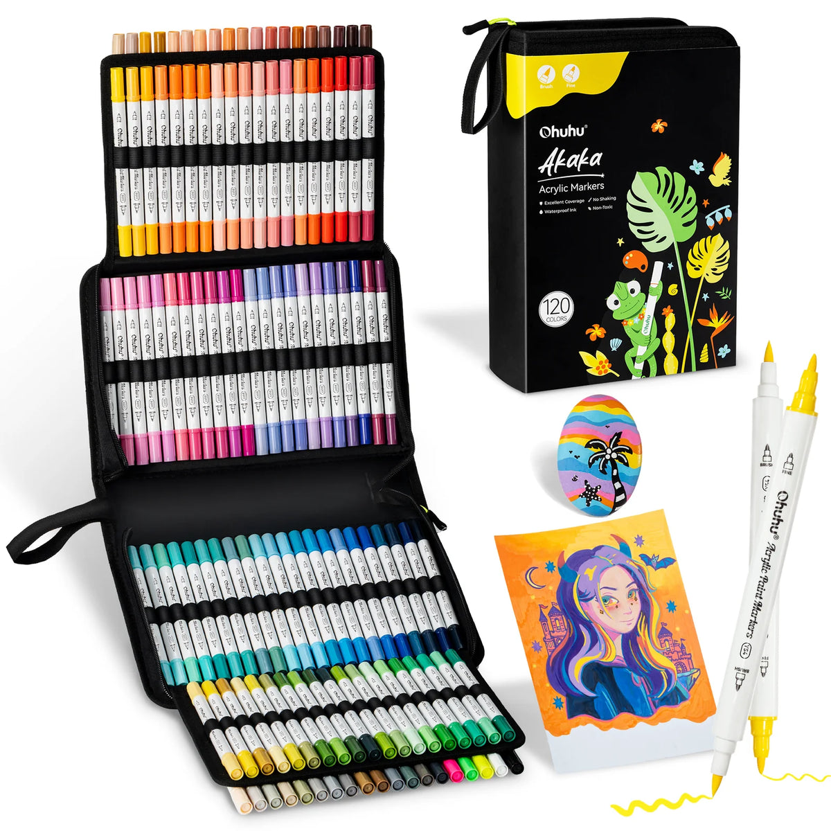 Ohuhu Akaka 120 Colours Cotton-Core Acrylic Paint Markers, Brush & Fine