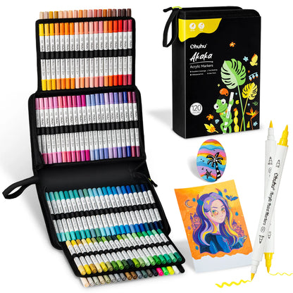 Ohuhu Akaka 120 Colours Cotton-Core Acrylic Paint Markers, Brush & Fine