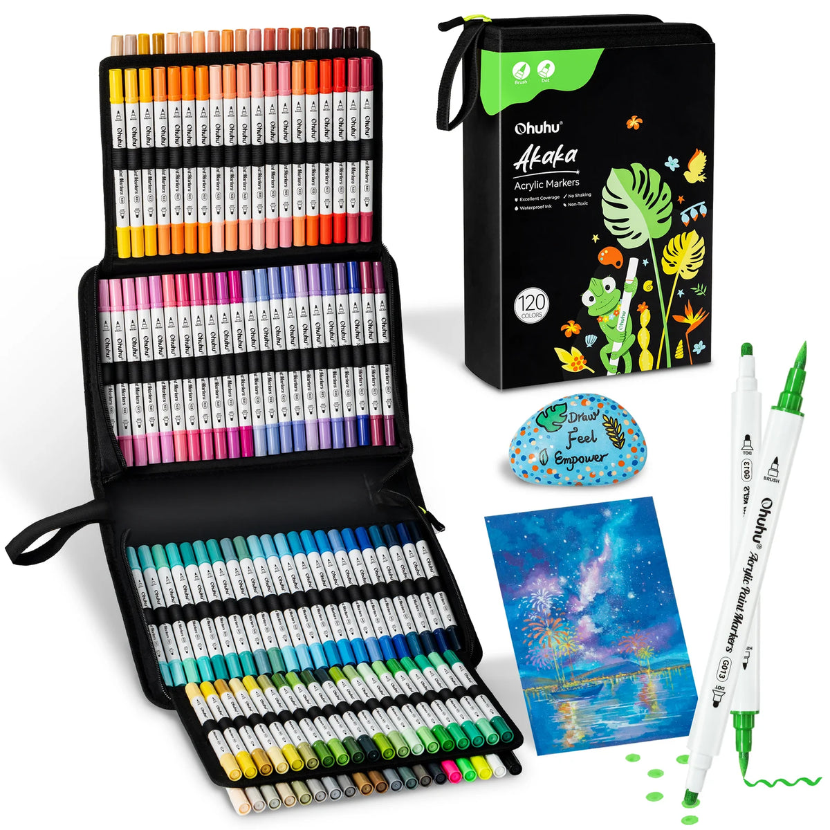 Ohuhu Akaka 120 Colours Cotton-Core Acrylic Paint Markers, Brush & Dot