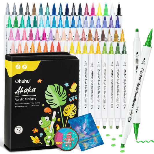 Ohuhu Akaka 72 Colours Cotton-Core Acrylic Paint Markers, Brush & Dot