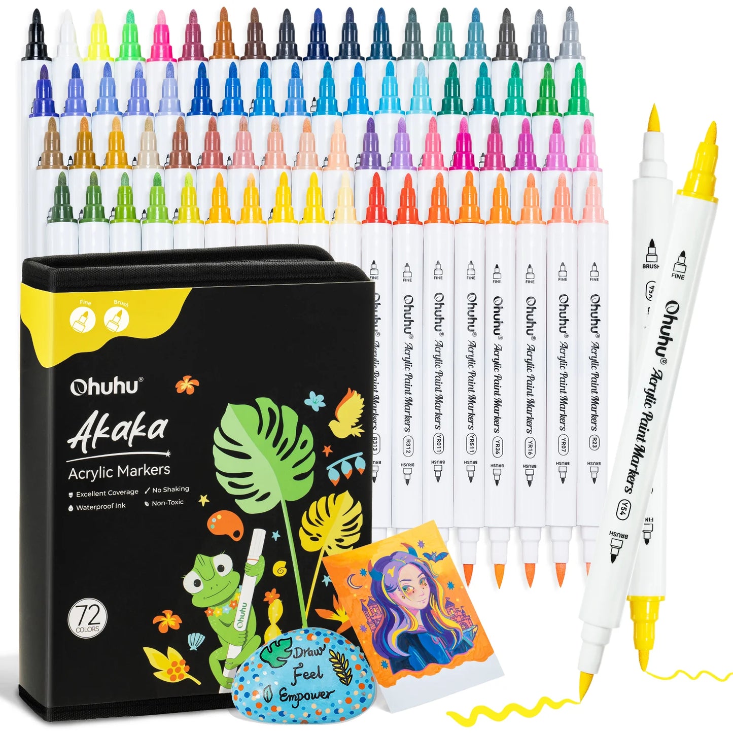 Ohuhu Akaka 72 Colours Cotton-Core Acrylic Paint Markers, Brush & Fine
