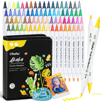 Ohuhu Akaka 72 Colours Cotton-Core Acrylic Paint Markers, Brush & Fine