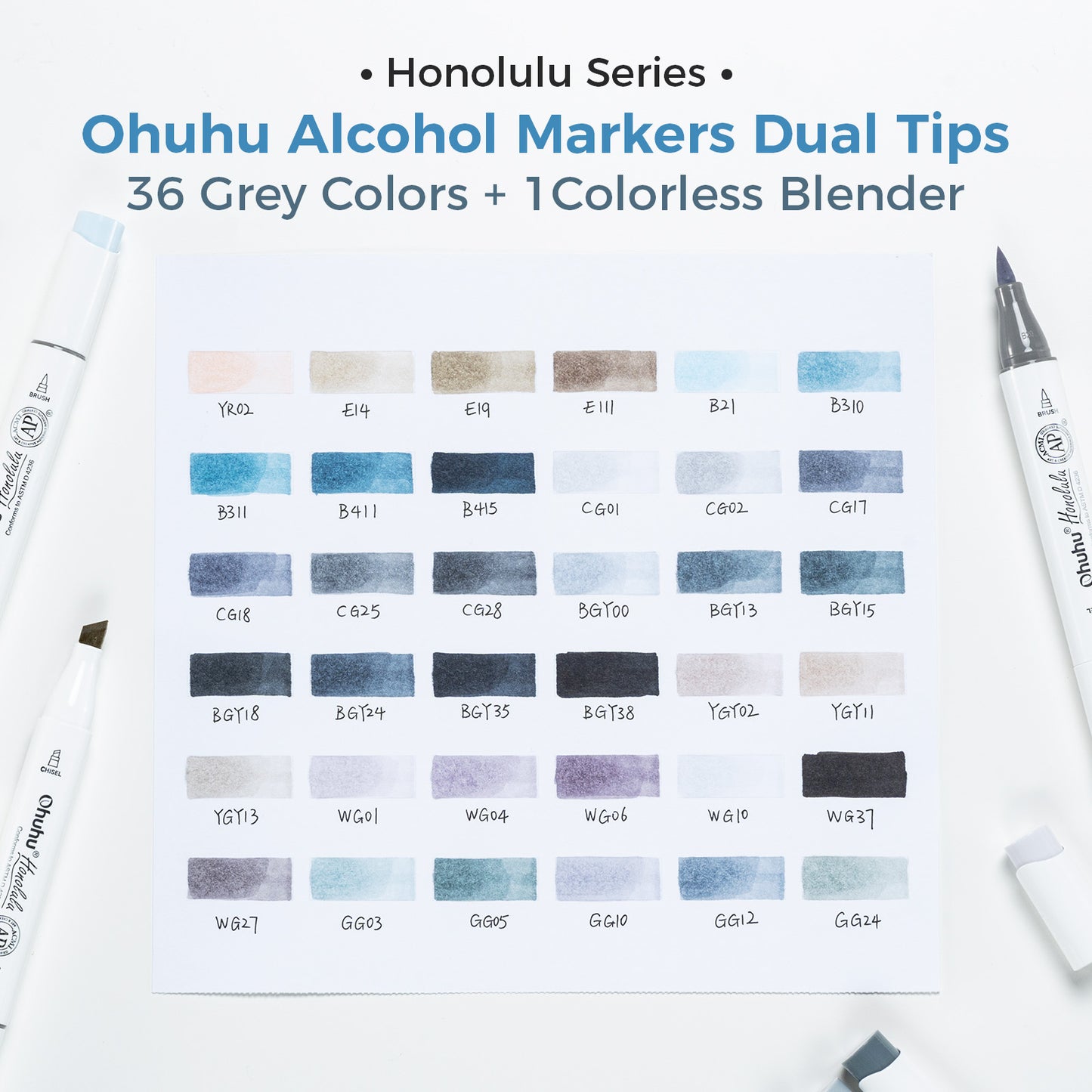 Ohuhu Honolulu 36 Grey Tone Colours Dual Tip Alcohol Markers