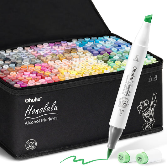 Set of Ohuhu Honolulu Alcohol Markers with a black case containing colorful markers and a green marker on a white background.