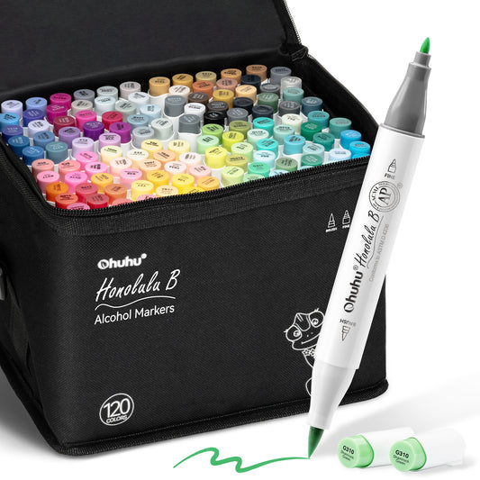 Set of Ohuhu Alcohol Markers with a black case containing markers, on a white background.
