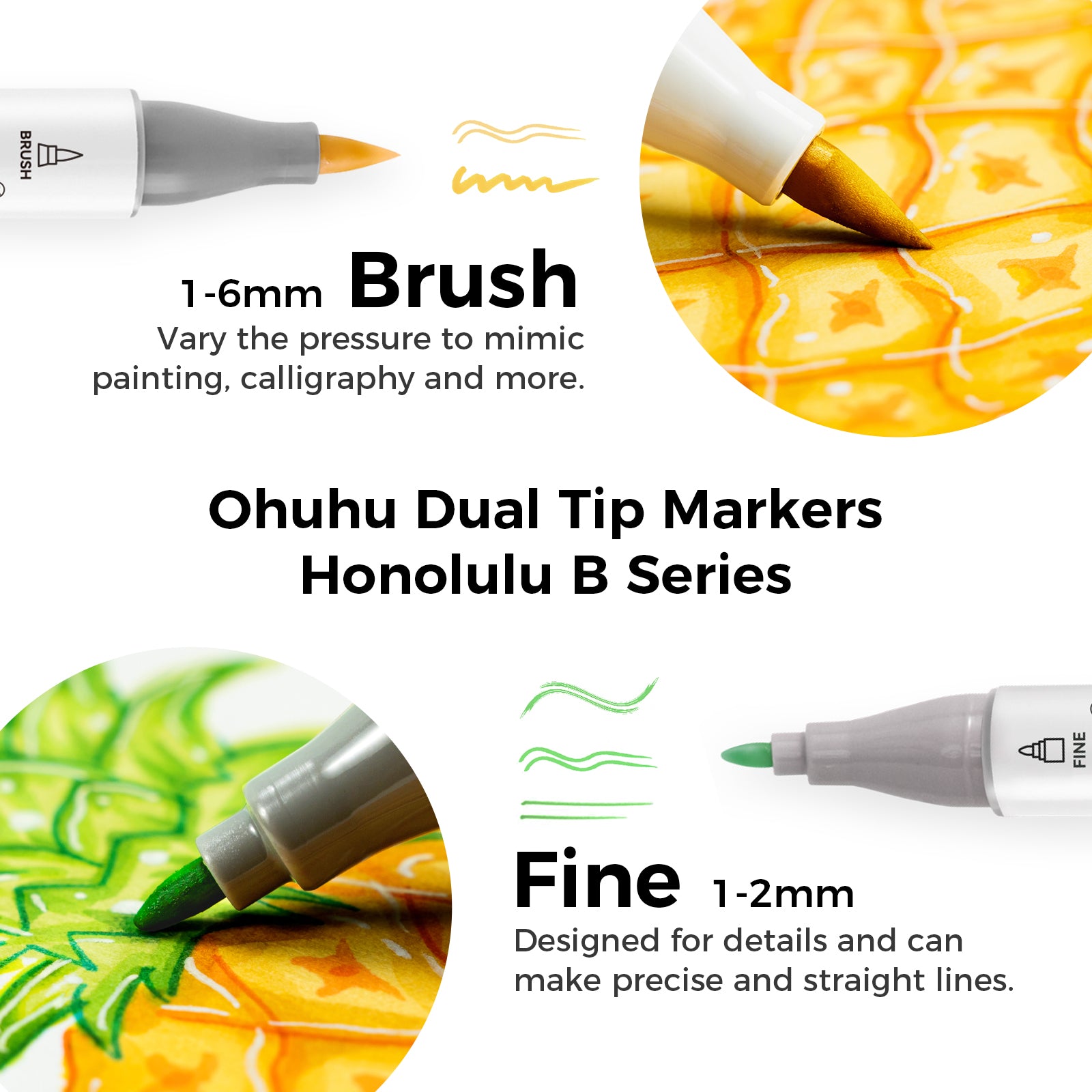 Ohuhu Dual Tip Markers Honolulu B Series with brush and fine tips on a white background