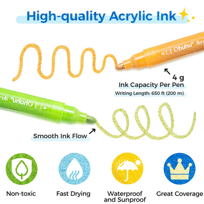 Ohuhu Acrylic Metallic Glitter Markers, 24 Colours - 3mm Tip Paint Pens