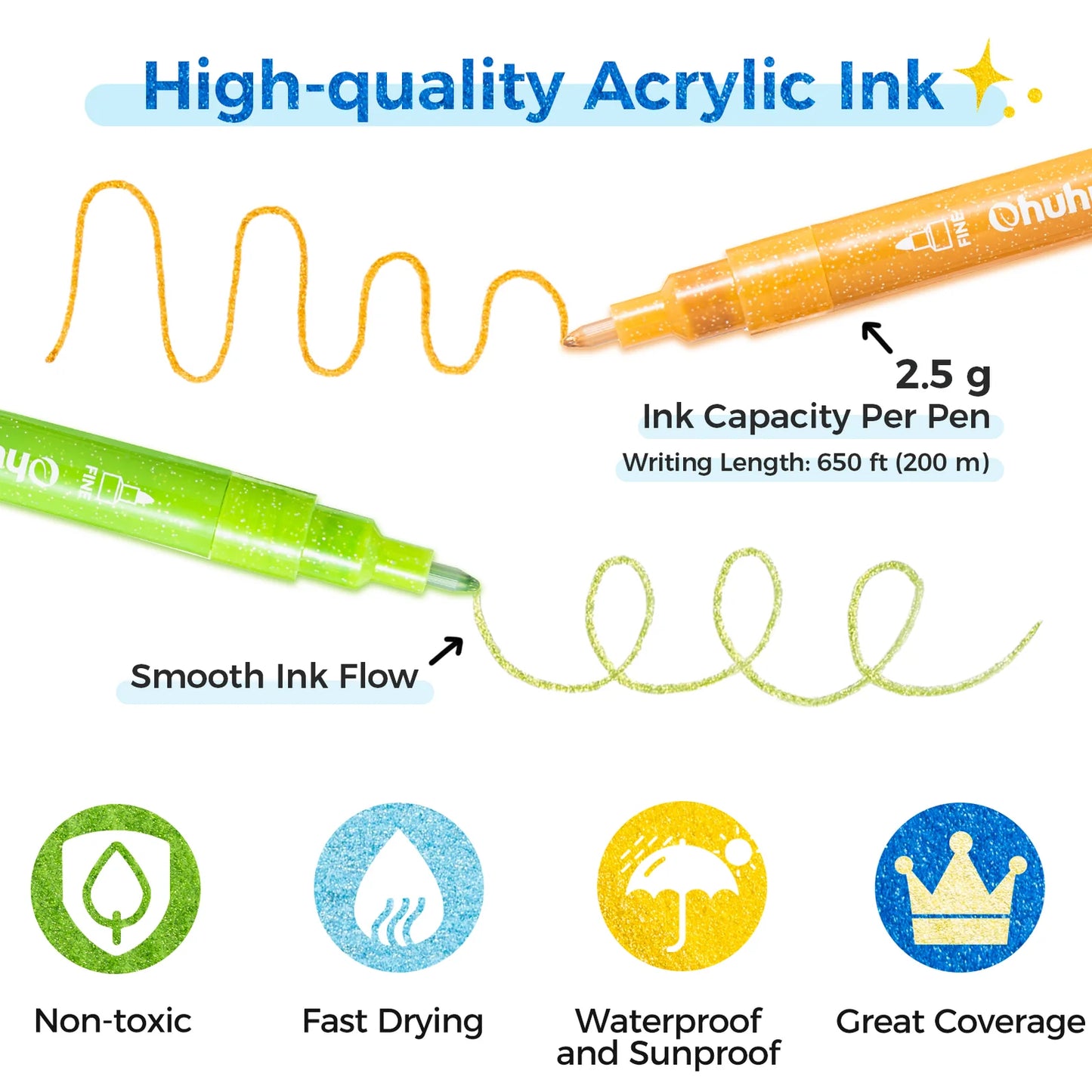 Ohuhu Acrylic Metallic Glitter Markers, 24 Colours - 0.7mm Tip Paint Pens