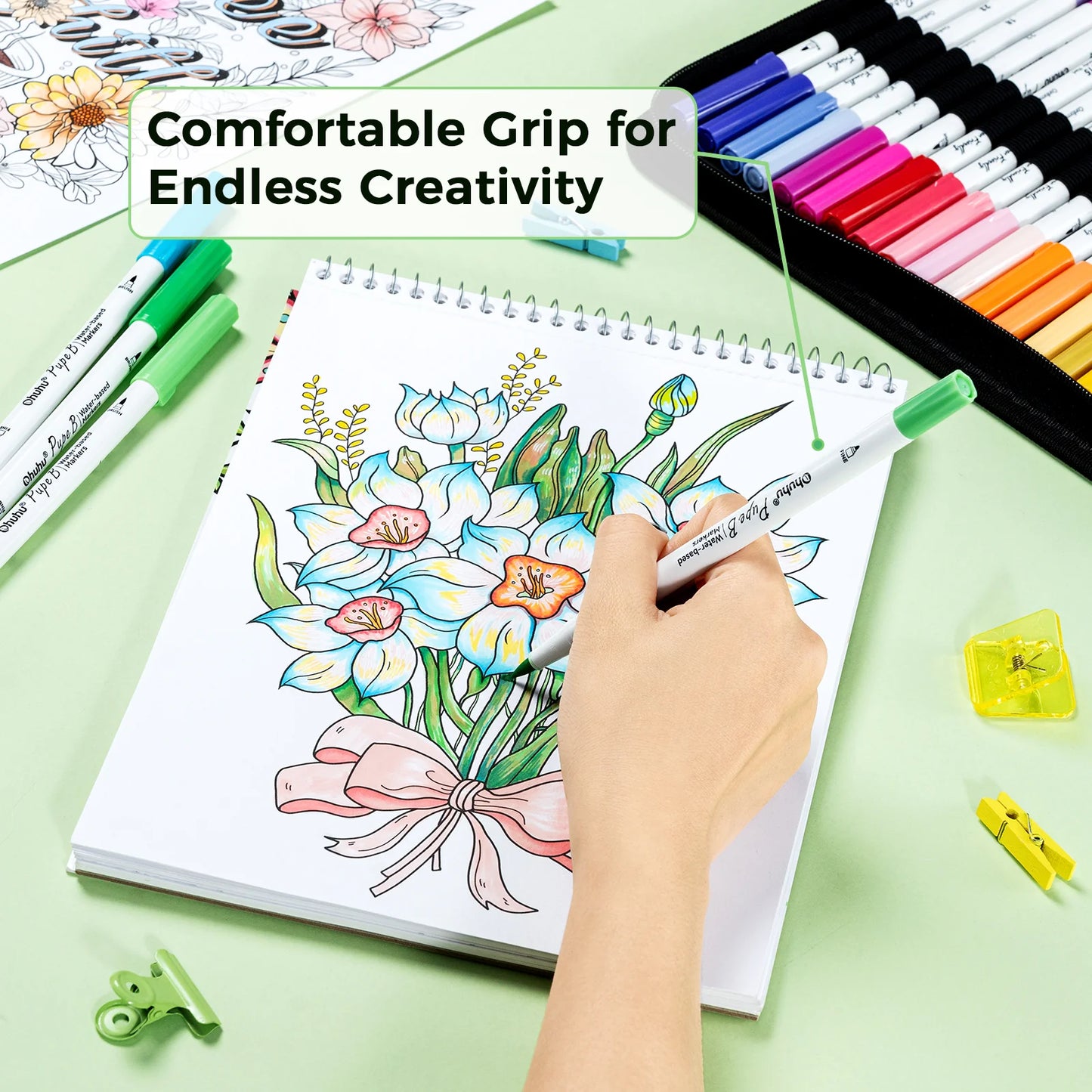 Ohuhu Pupe B 40 Paper-friendly Markers and Colouring Book Set