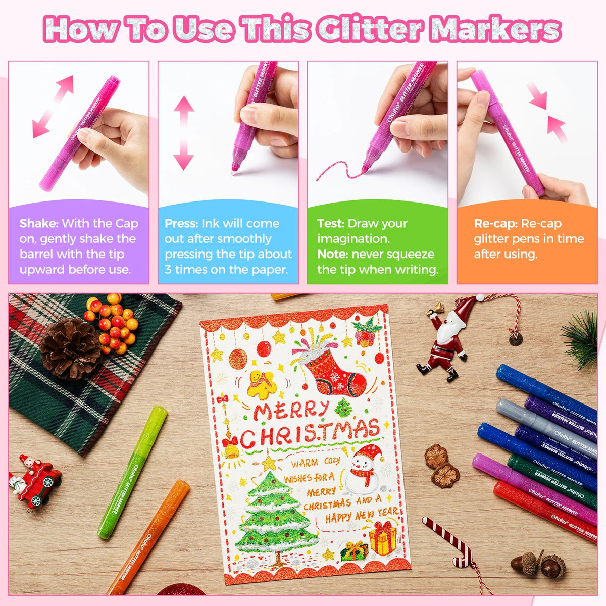 Ohuhu Glitter Metallic Marker Pens, 12 Colours, 3mm